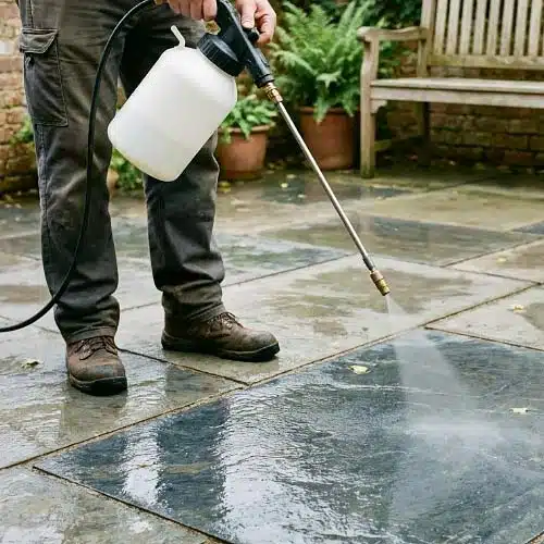 Entretien de la pierre bleue avec un pulvérisateur