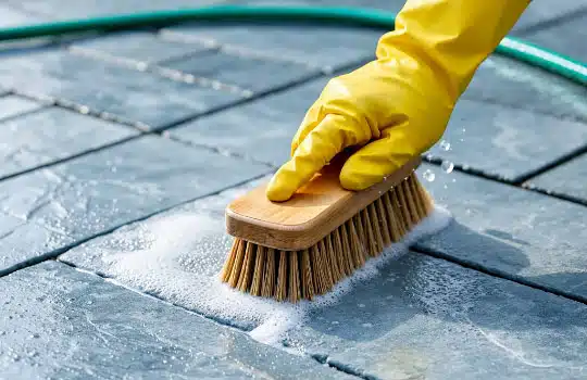 Nettoyage d'un dallage en pierre bleue avec une brosse