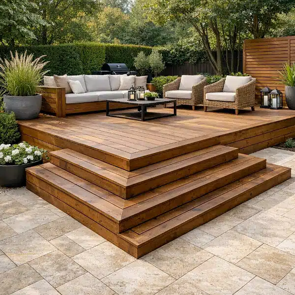 Jeux de niveau avec terrasse en bois et travertin