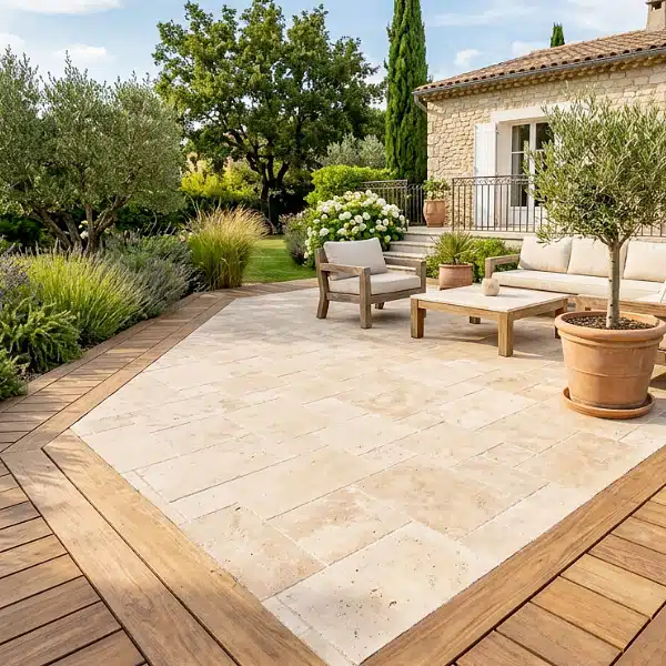 Terrasse avec cadre bois et travertin au centre