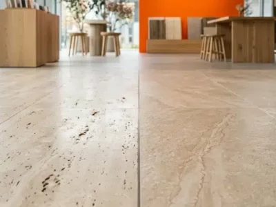 Travertin ou grès cérame effet pierre : lequel choisir pour votre projet ? Article de blog conseil : le comparatif travertin et grès cérame